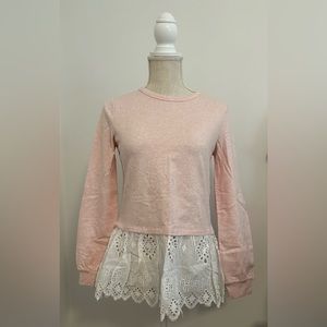 XS Women’s pink & white lace trim peplum style long sleeve shirt, new with tags